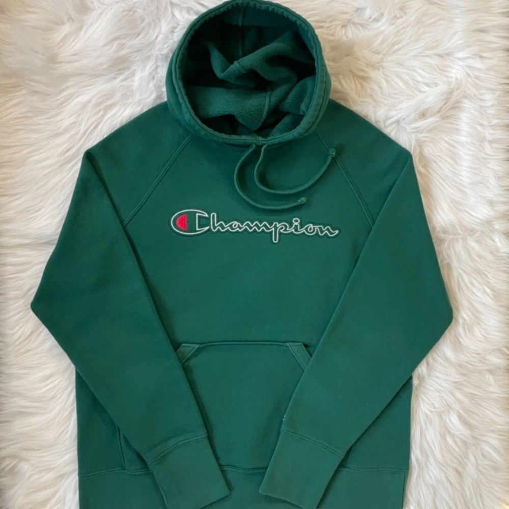 Champion Embroidered Zigzag Script Logo Hoodie (Green–Size M) Pre-owned